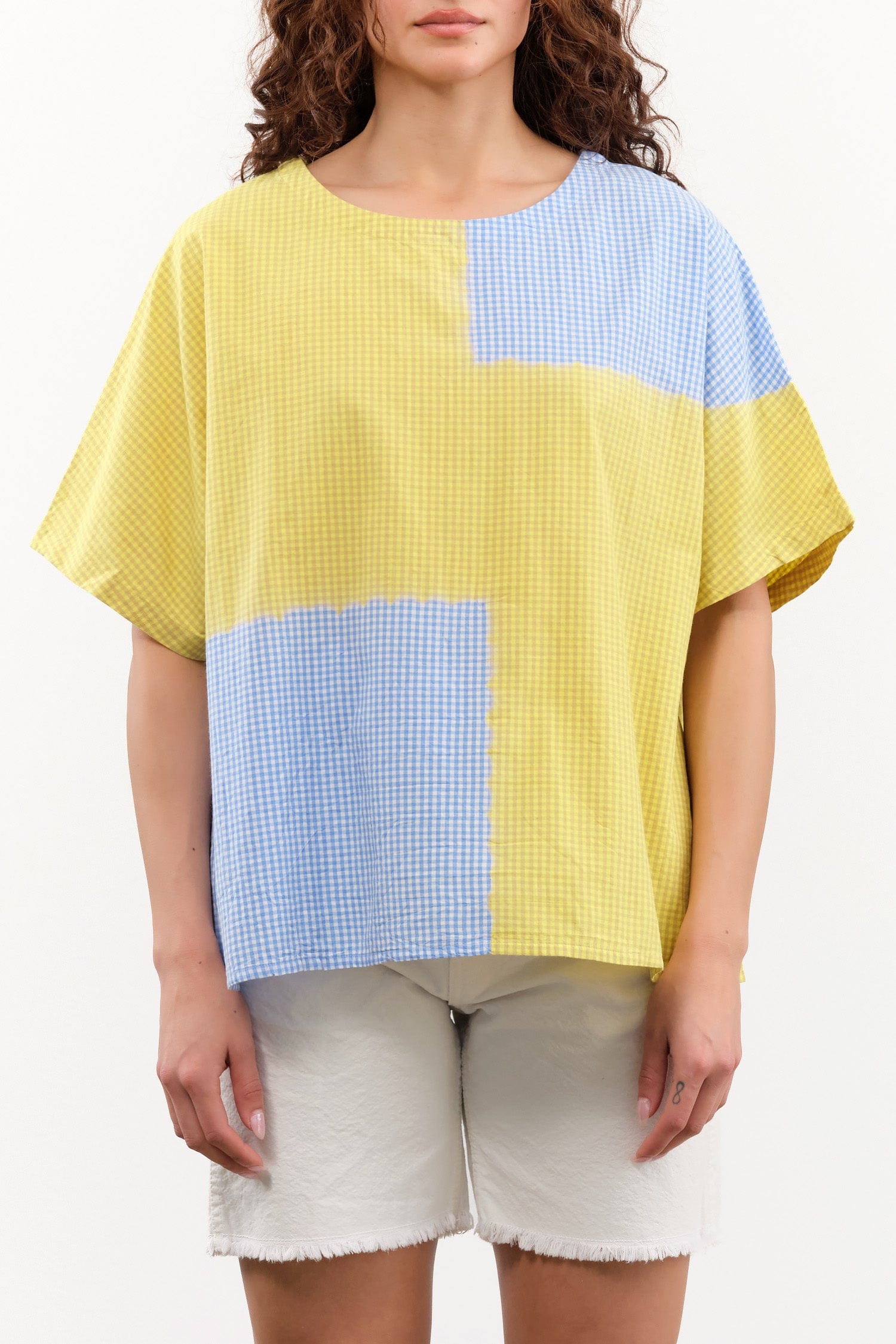 Suzusan Apparel Womens Blouses Cotton Gingham Check Woven T-Shirt in Sun Yellow/Sky Blue