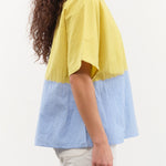Suzusan Apparel Womens Blouses Cotton Gingham Check Woven T-Shirt in Sun Yellow/Sky Blue