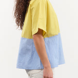 Suzusan Apparel Womens Blouses Cotton Gingham Check Woven T-Shirt in Sun Yellow/Sky Blue