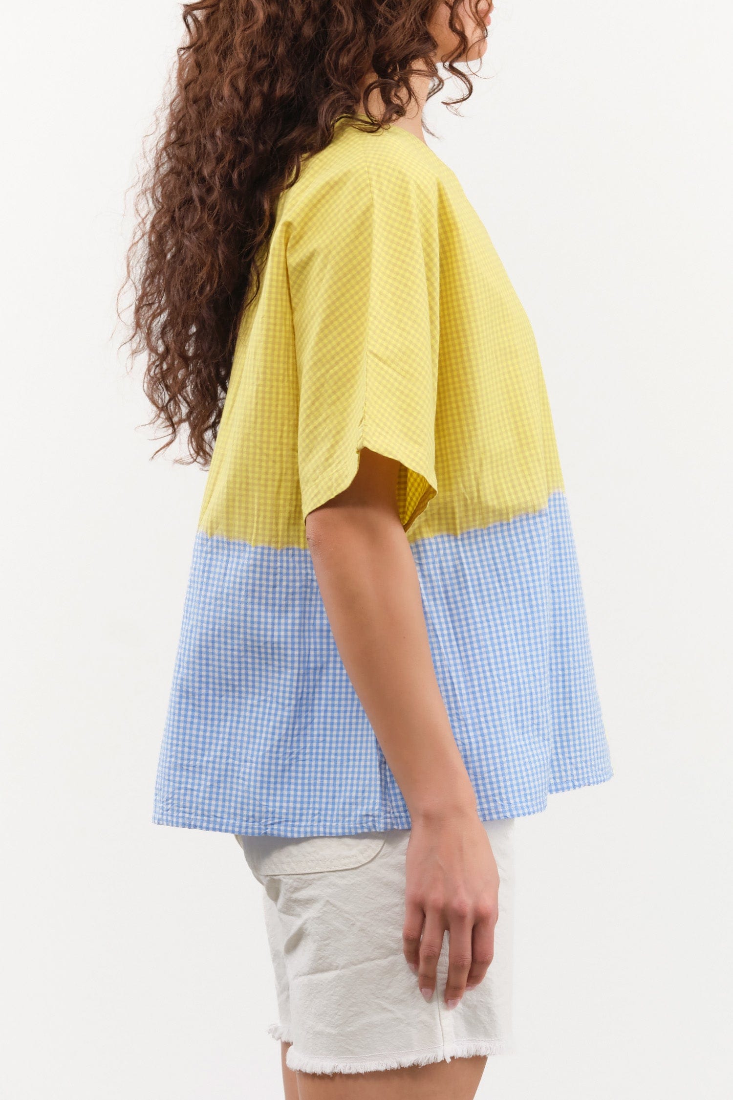 Suzusan Apparel Womens Blouses Cotton Gingham Check Woven T-Shirt in Sun Yellow/Sky Blue