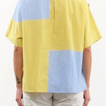 Suzusan Apparel Womens Blouses Cotton Gingham Check Woven T-Shirt in Sun Yellow/Sky Blue