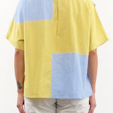 Suzusan Apparel Womens Blouses Cotton Gingham Check Woven T-Shirt in Sun Yellow/Sky Blue