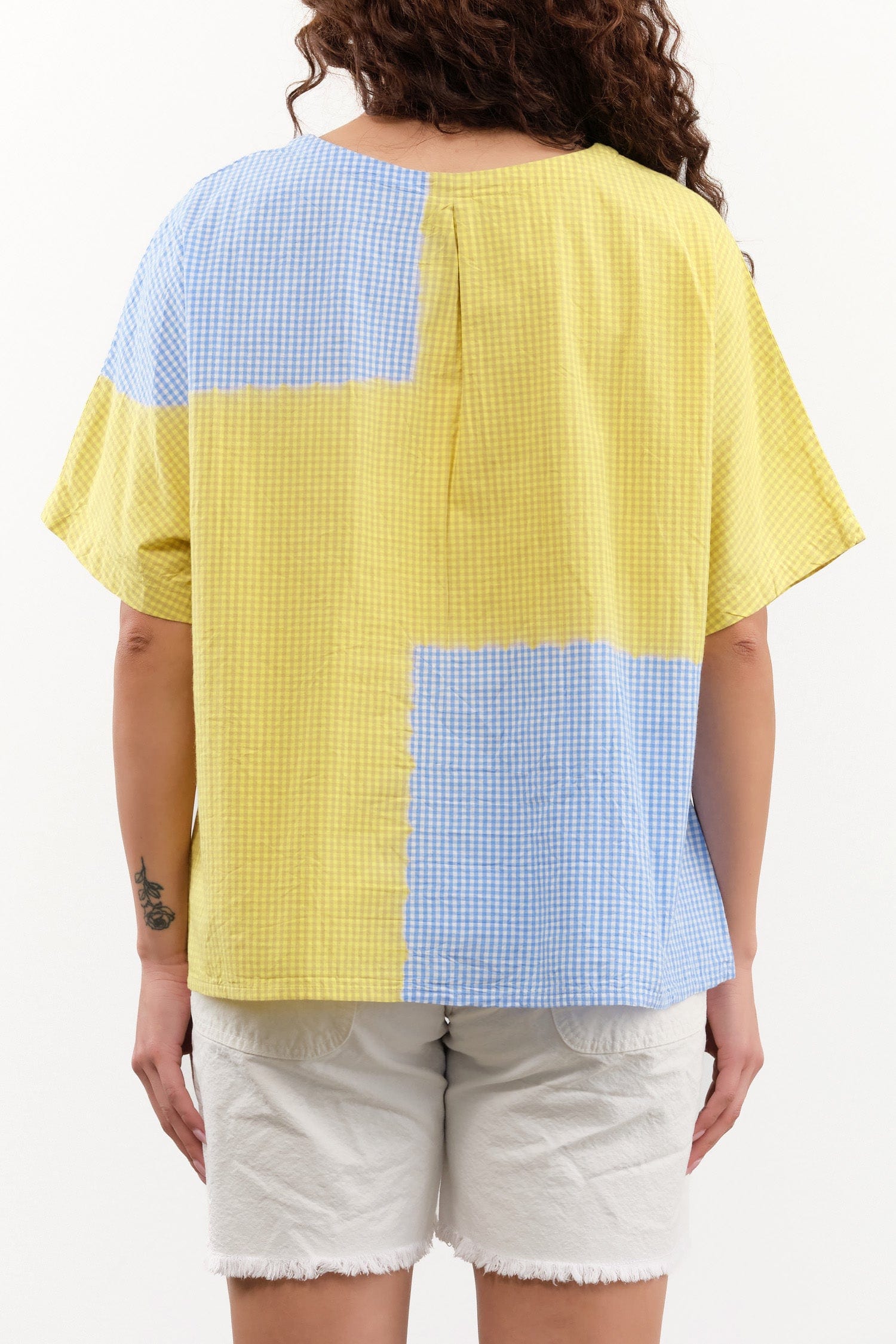 Suzusan Apparel Womens Blouses Cotton Gingham Check Woven T-Shirt in Sun Yellow/Sky Blue