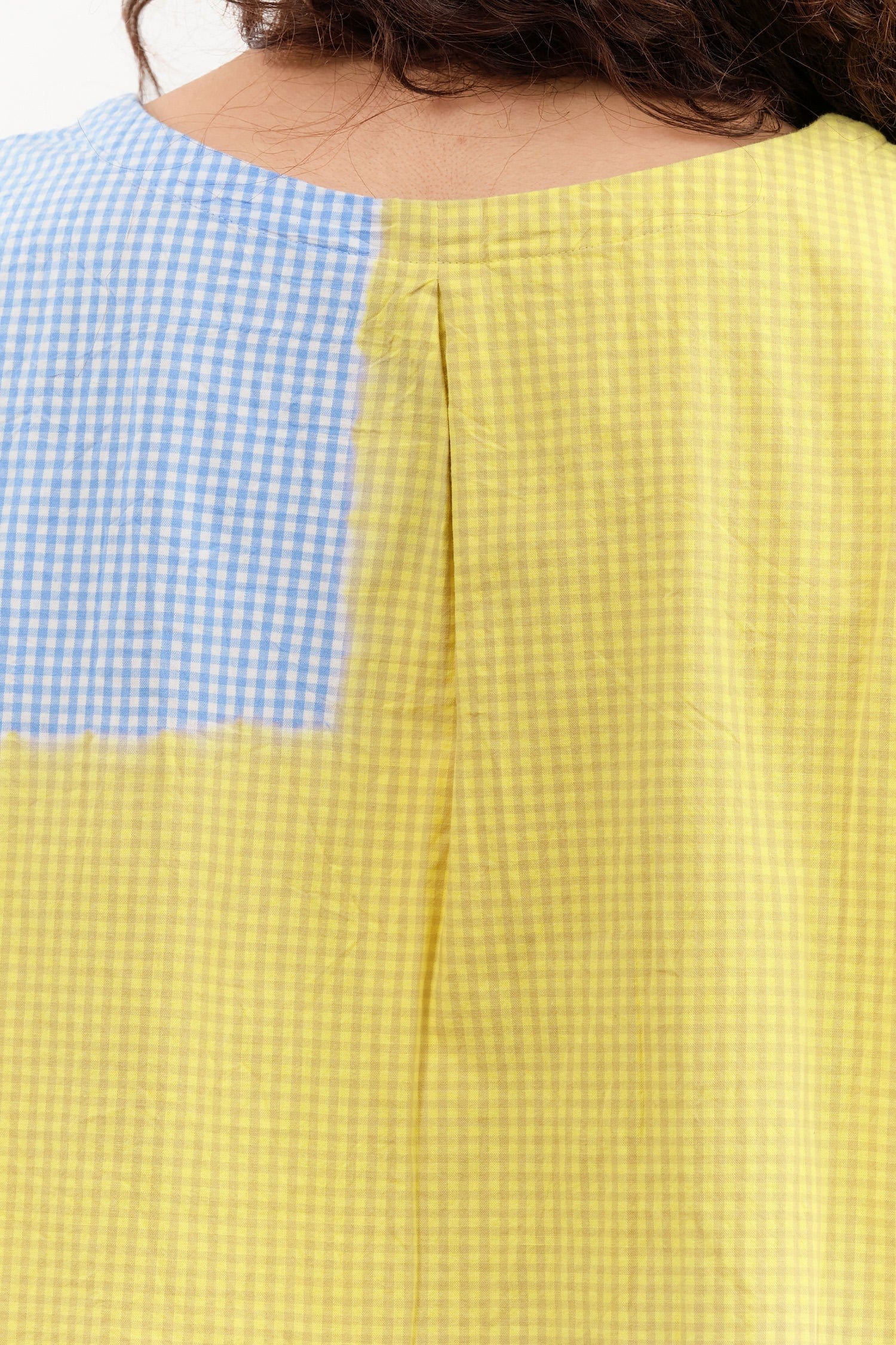 Suzusan Apparel Womens Blouses Cotton Gingham Check Woven T-Shirt in Sun Yellow/Sky Blue