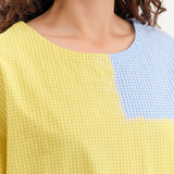 Suzusan Apparel Womens Blouses Cotton Gingham Check Woven T-Shirt in Sun Yellow/Sky Blue