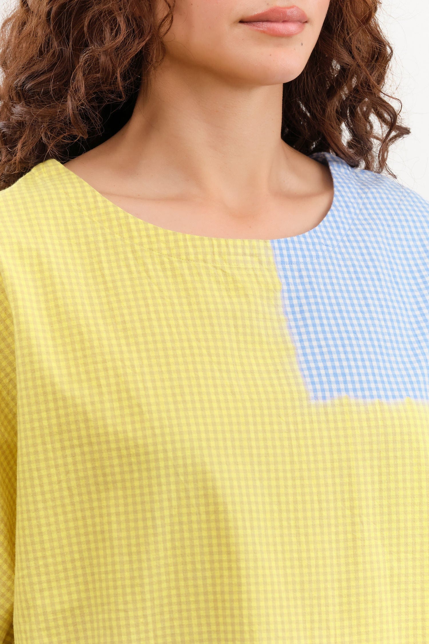 Suzusan Apparel Womens Blouses Cotton Gingham Check Woven T-Shirt in Sun Yellow/Sky Blue
