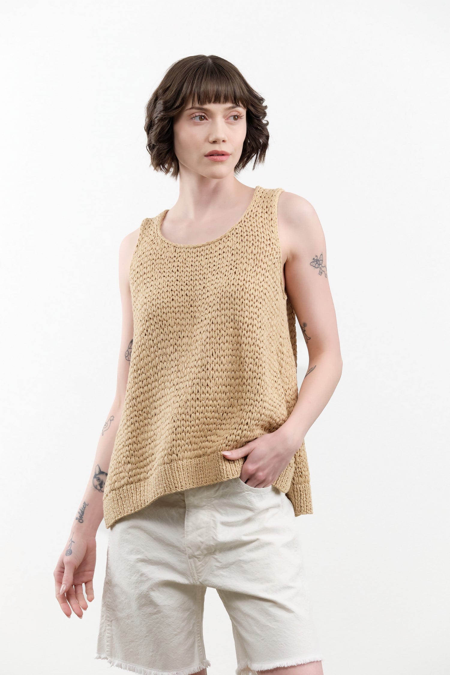 Wol Hide Apparel Womens Blouses Handknit Tank Sand / S/M