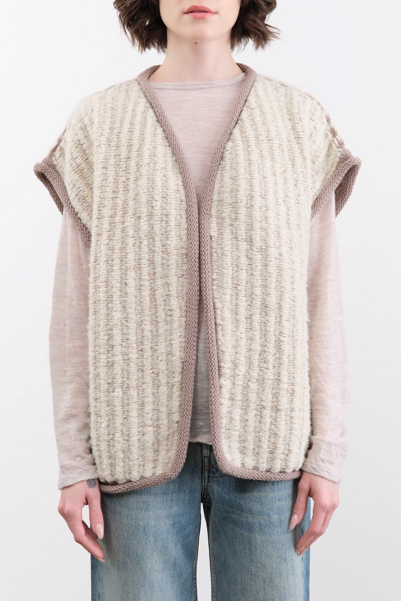 Wol Hide Apparel Womens Sweaters Knit Weave Vest in Chalk