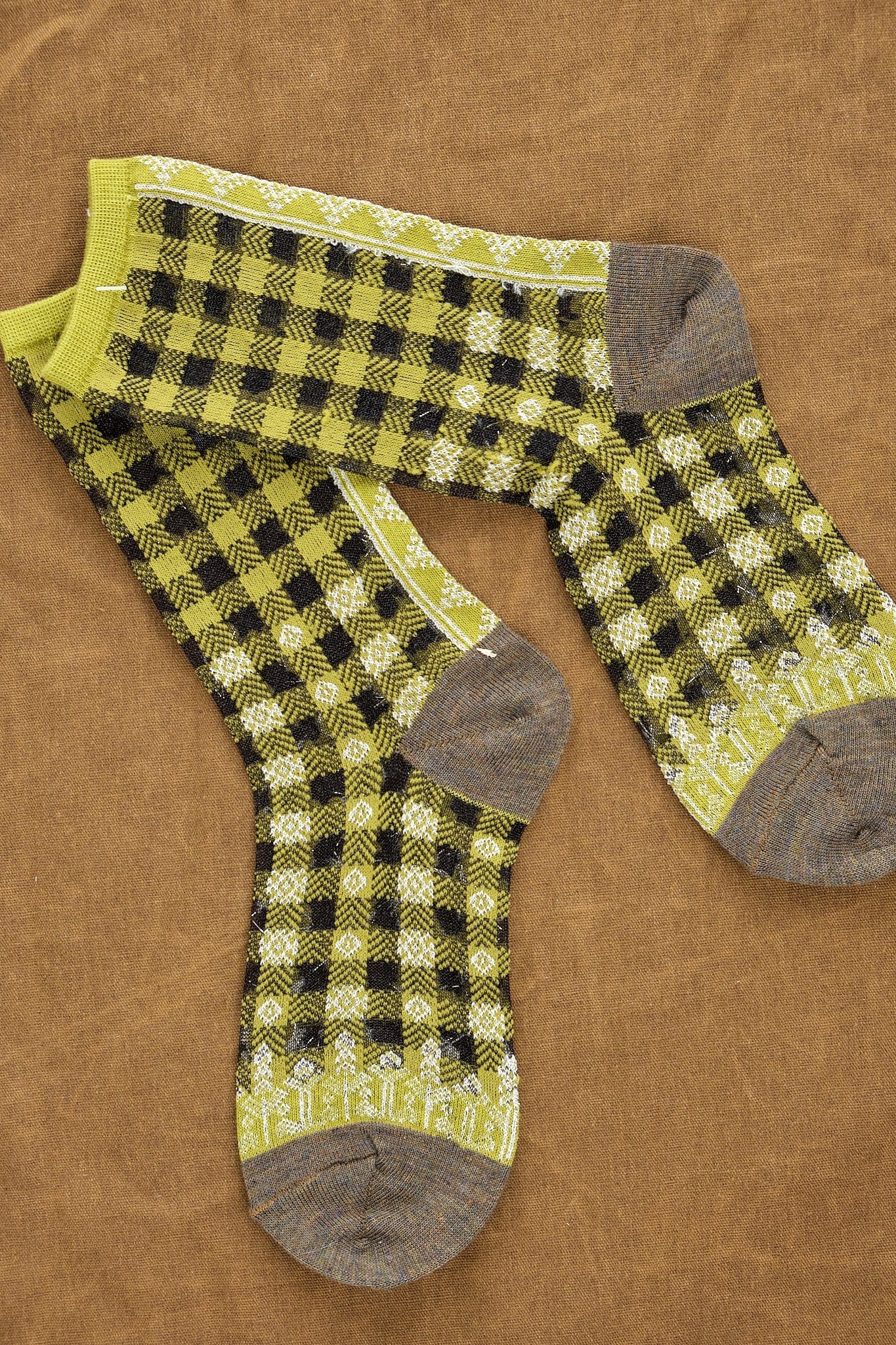 Kapital Accessories Socks and Tights 144 Yarns Gingham Check See-Through Socks in Light Green
