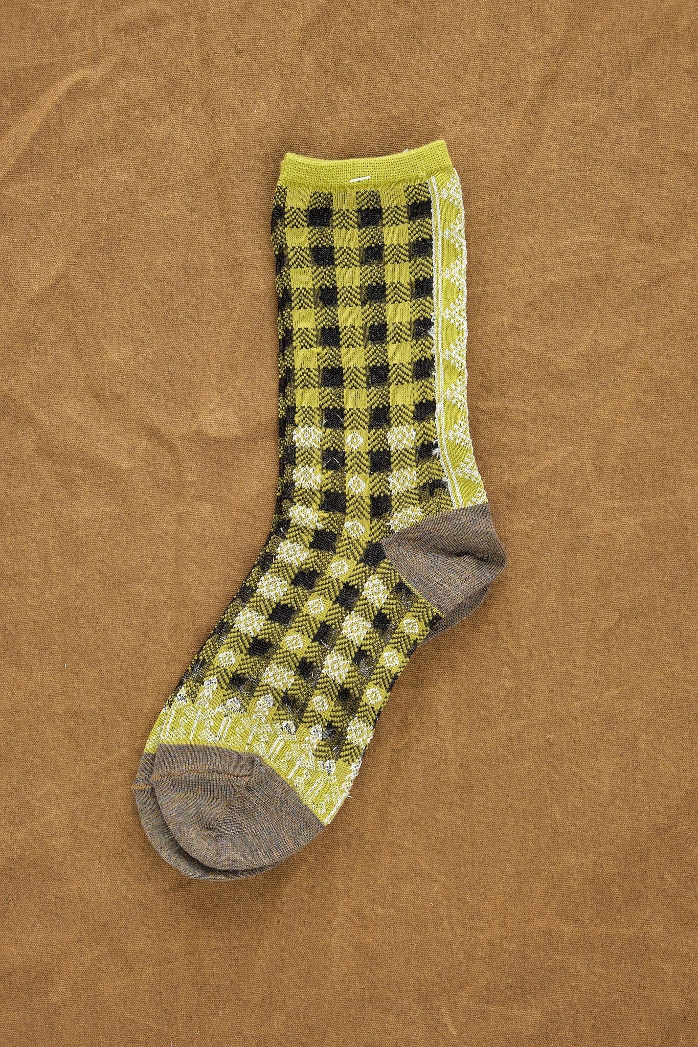 Kapital Accessories Socks and Tights 144 Yarns Gingham Check See-Through Socks in Light Green