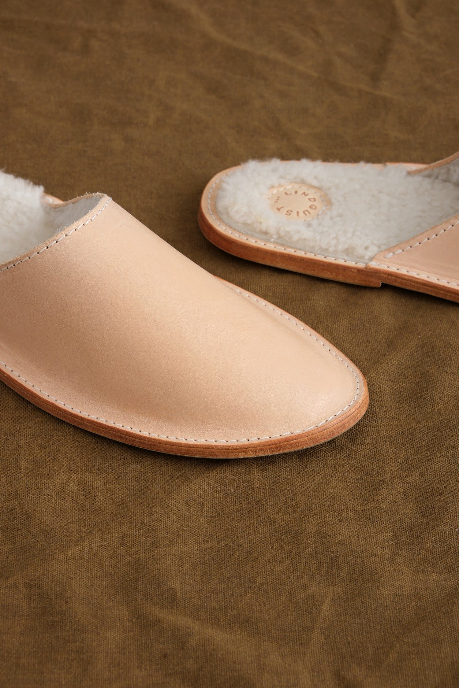 close up of upper on Louil House Shoe in Vachetta