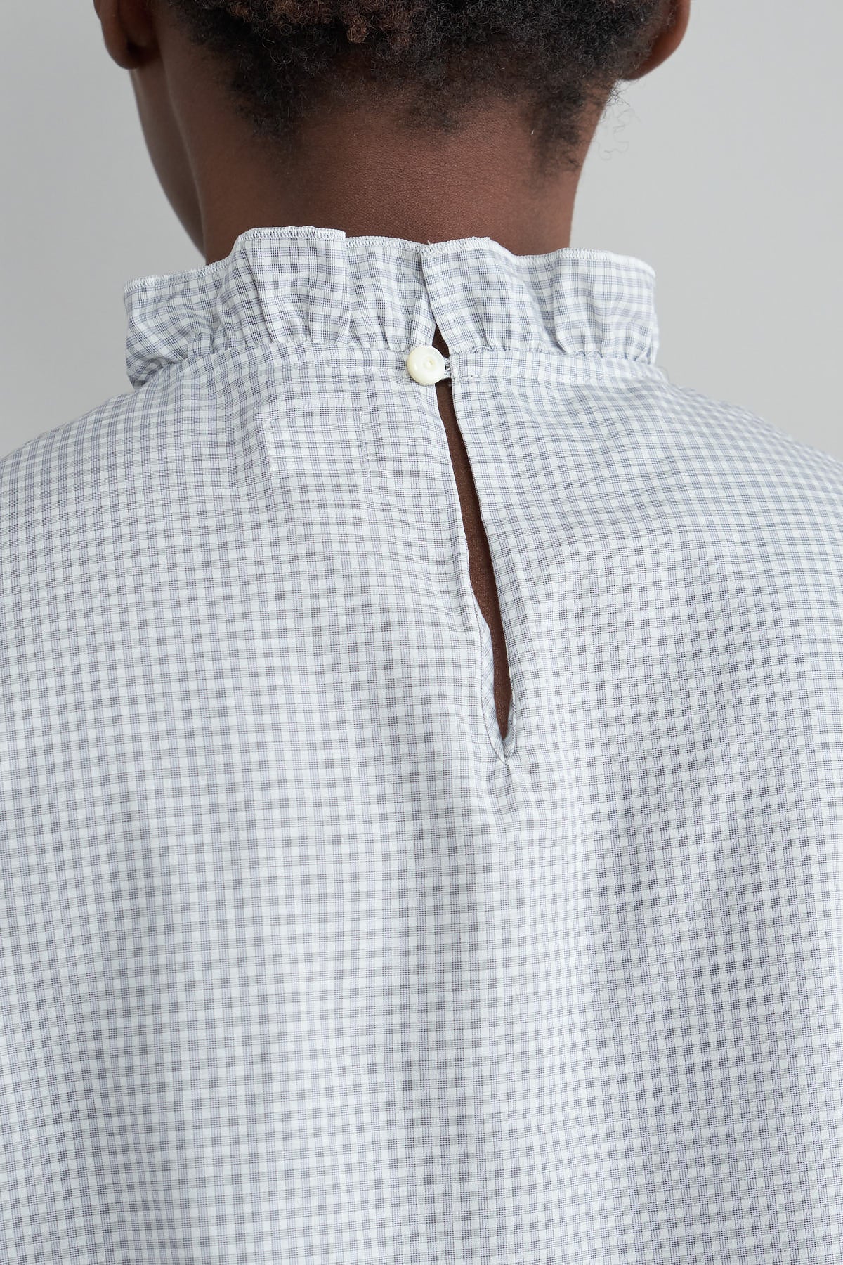 Keyhole detailing on Poplin Frill Collar Sleeveless Shirt in Grey Check
