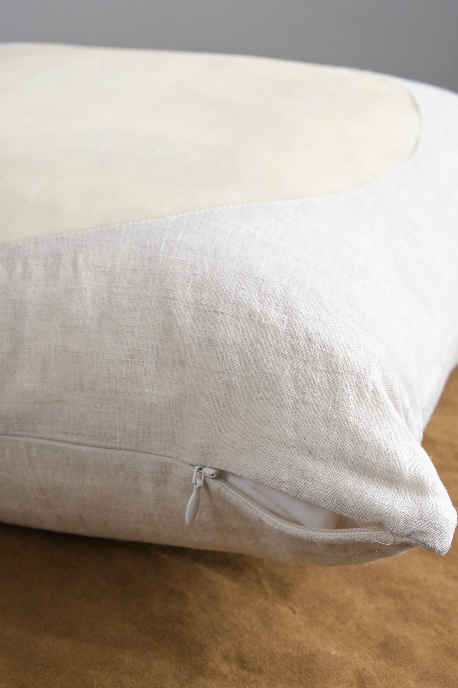 Hidden zip on Velvet Circle Pillow in Ivory