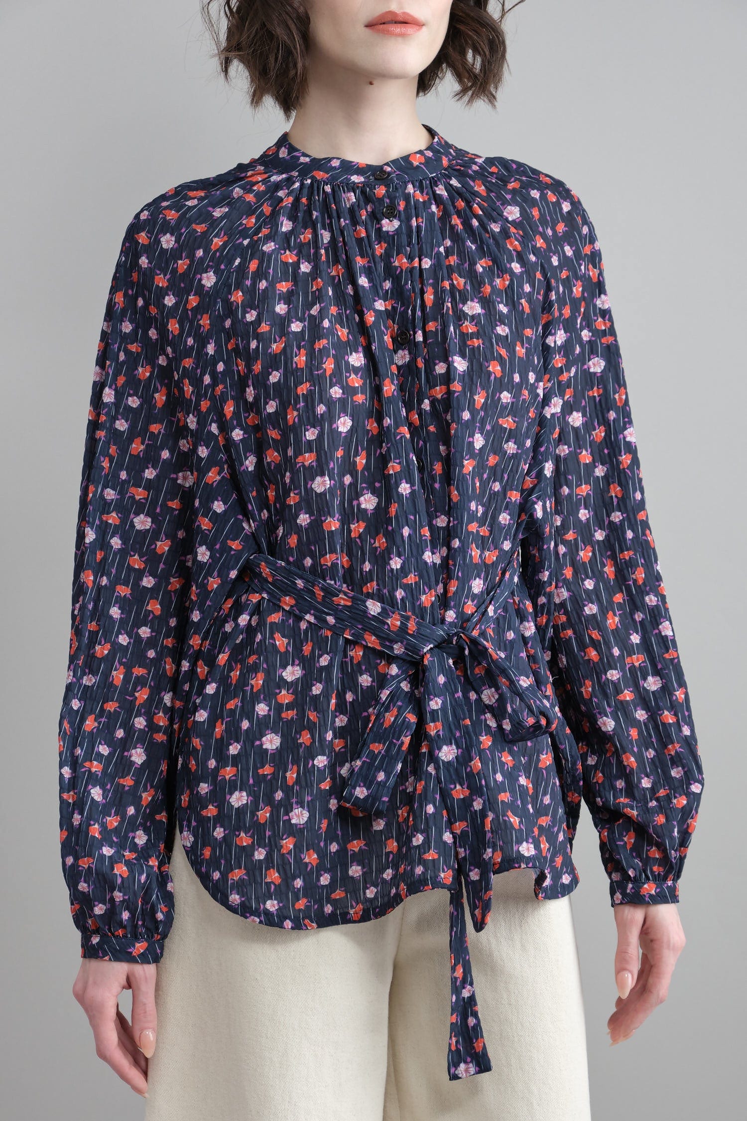 Front of Leaf Blouse in Navy Flower Print