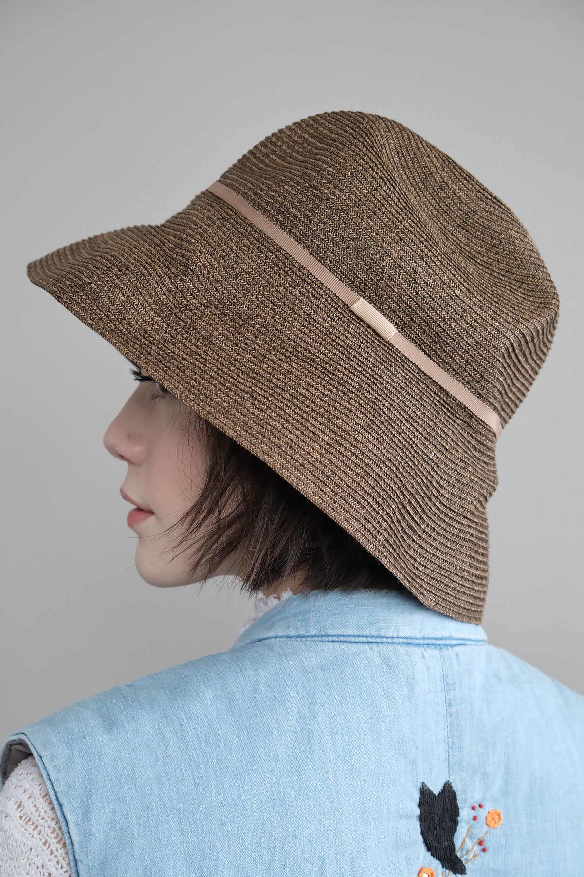 Side of Dark Brown Boxed Hat with Beige Grosgrain Ribbon