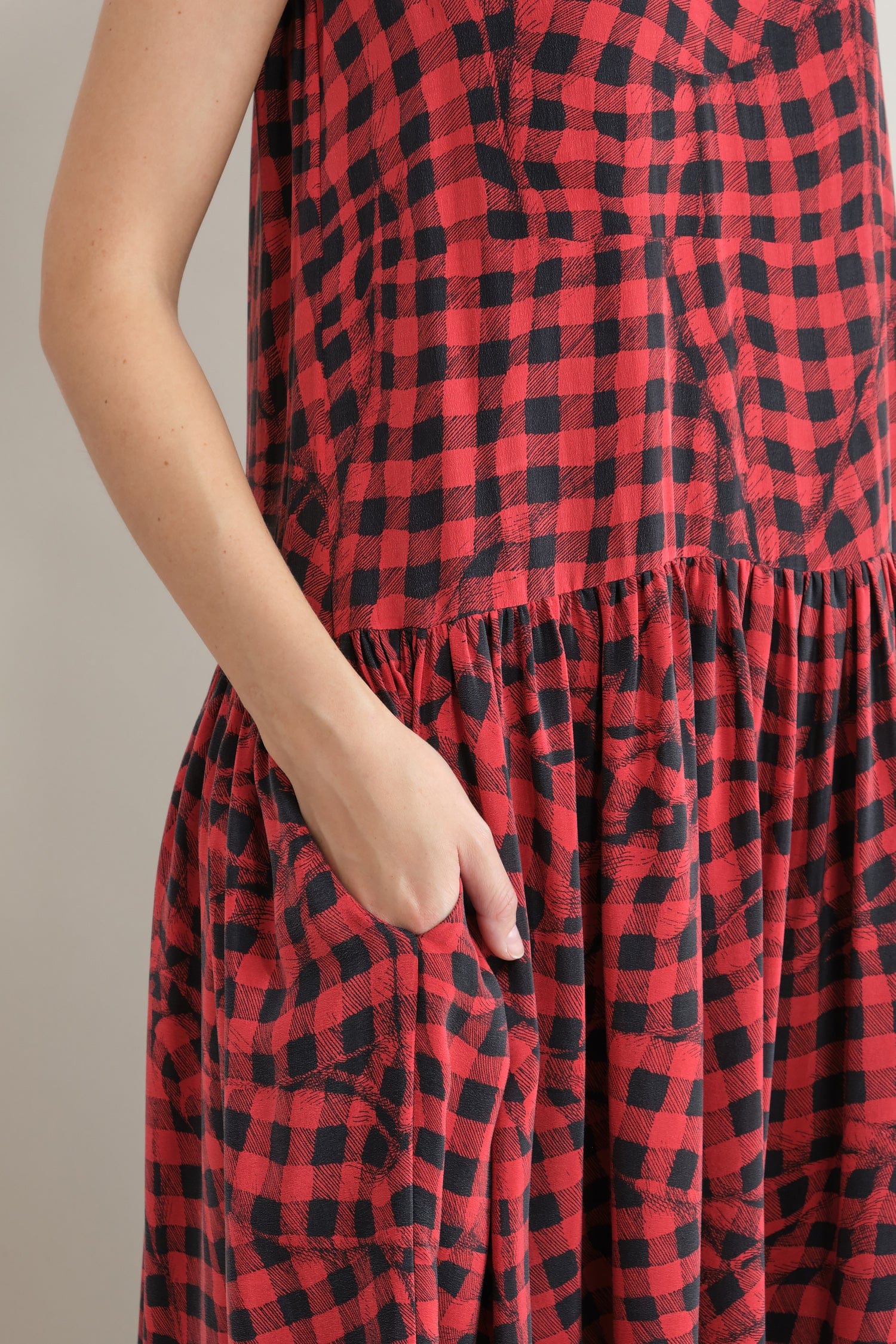 Pocket and waist on Edith Dress in Red