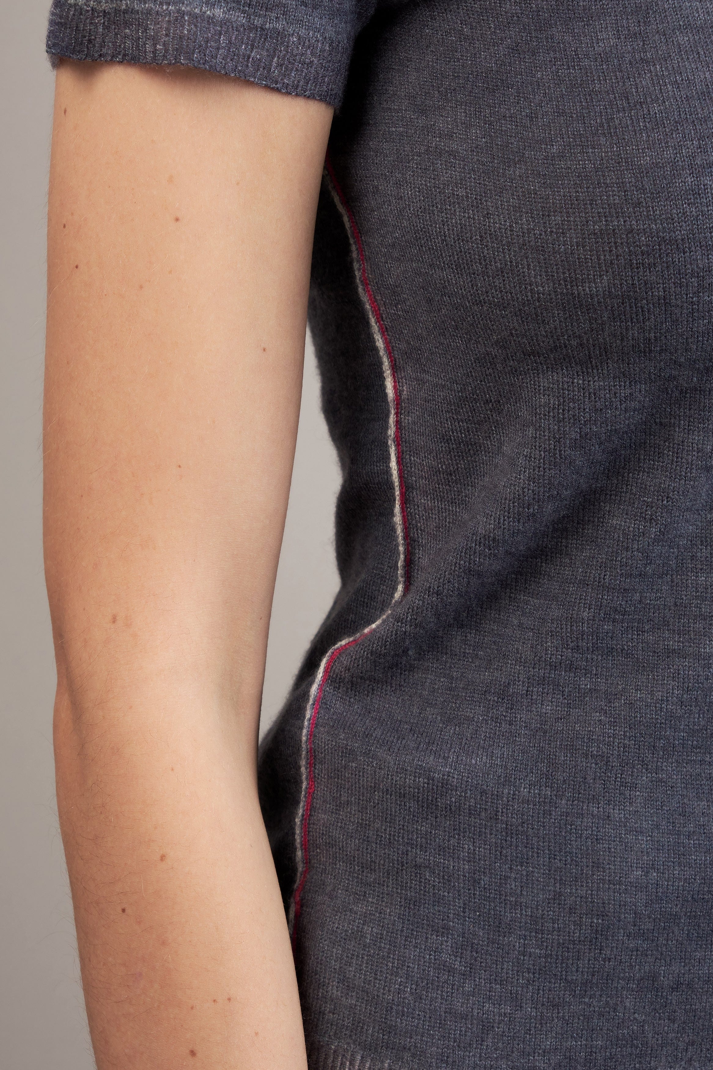 Side seam of Paychi Guh S/S Printed Crew in Dark Denim Tonal