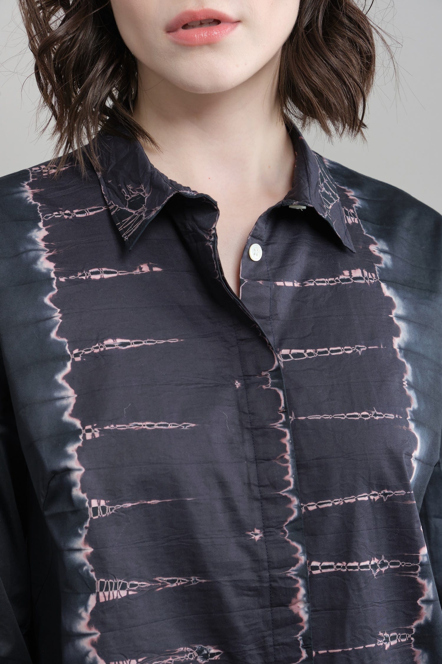 Collar and placket on Cotton Satin Fly Front Blouse