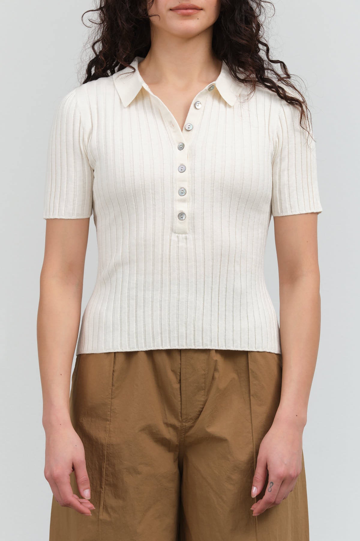 Front view of Collared Ribbed Top
