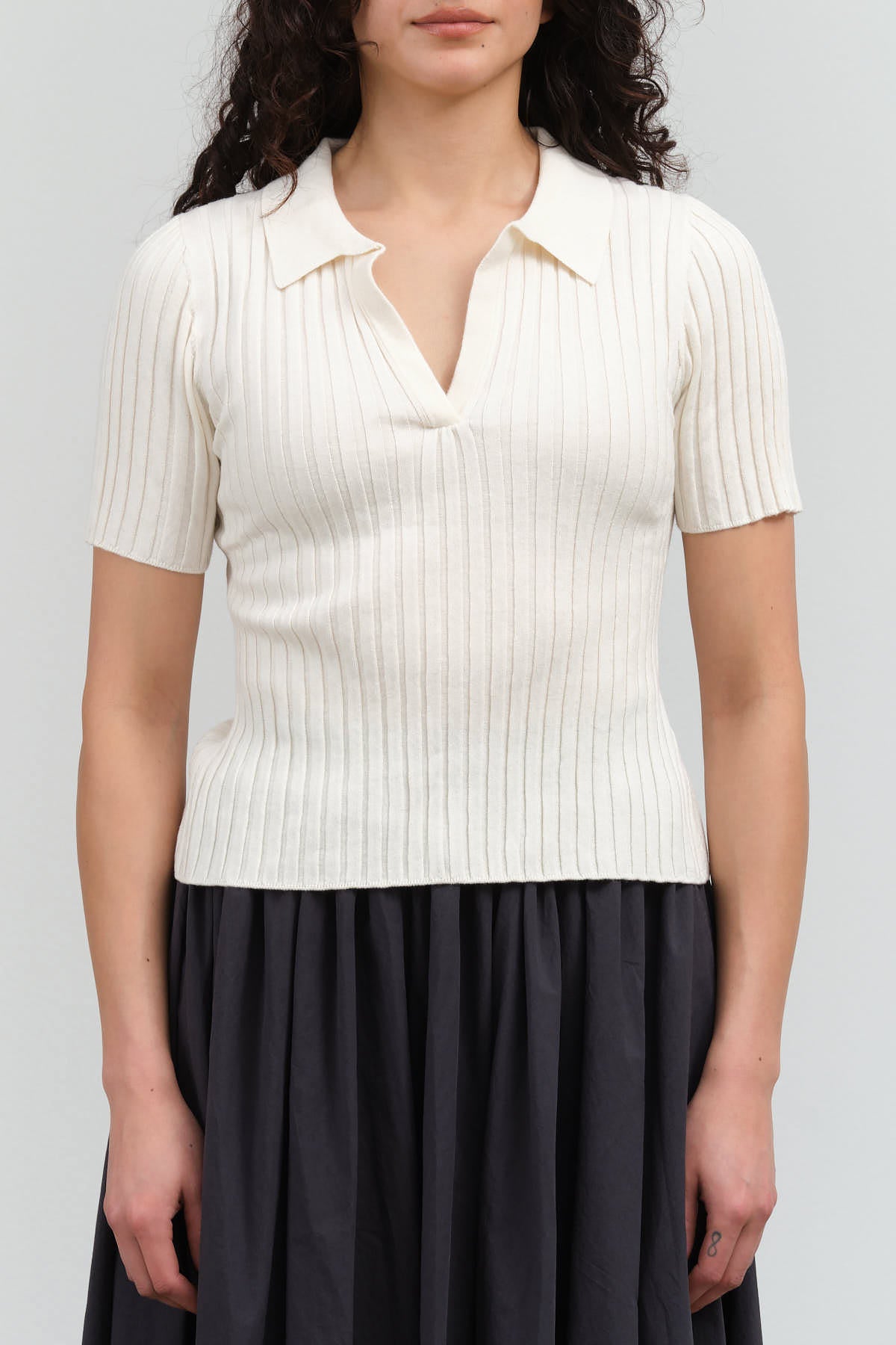 Front view of Collared V-Neck Knit Top in Off-White