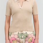 Front view of Collared V-Neck Knit Top in Tan