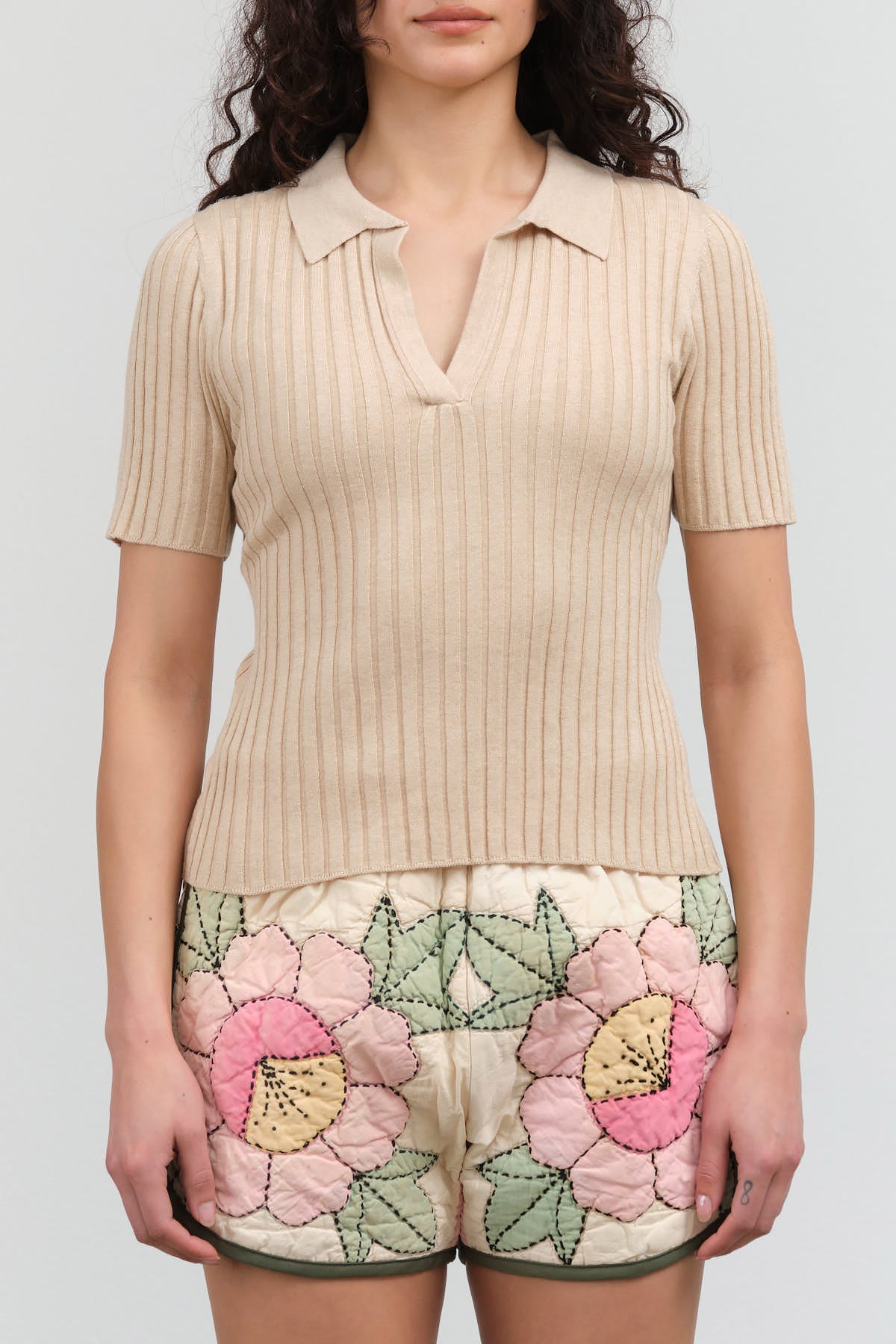 Front view of Collared V-Neck Knit Top in Tan