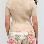 Back view of Collared V-Neck Knit Top in Tan