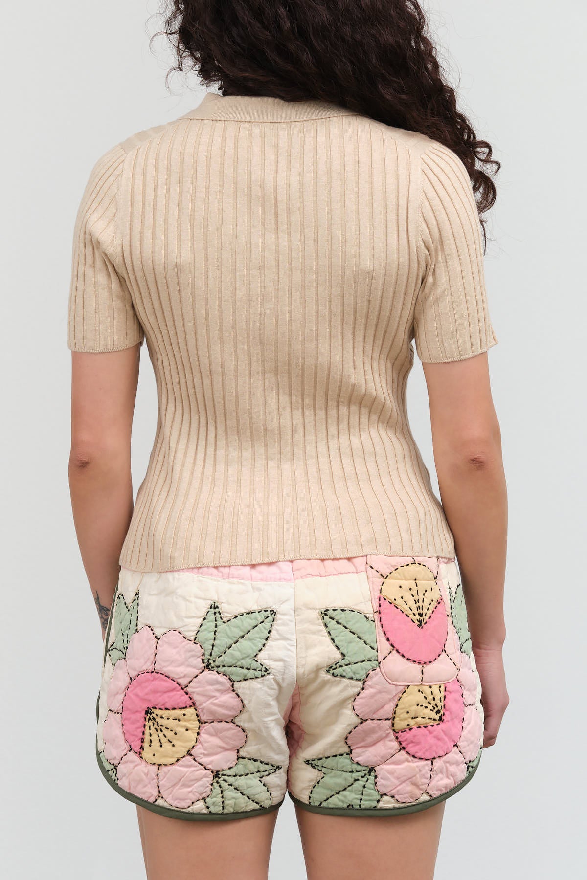 Back view of Collared V-Neck Knit Top in Tan