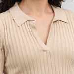 Collar view of Collared V-Neck Knit Top in Tan