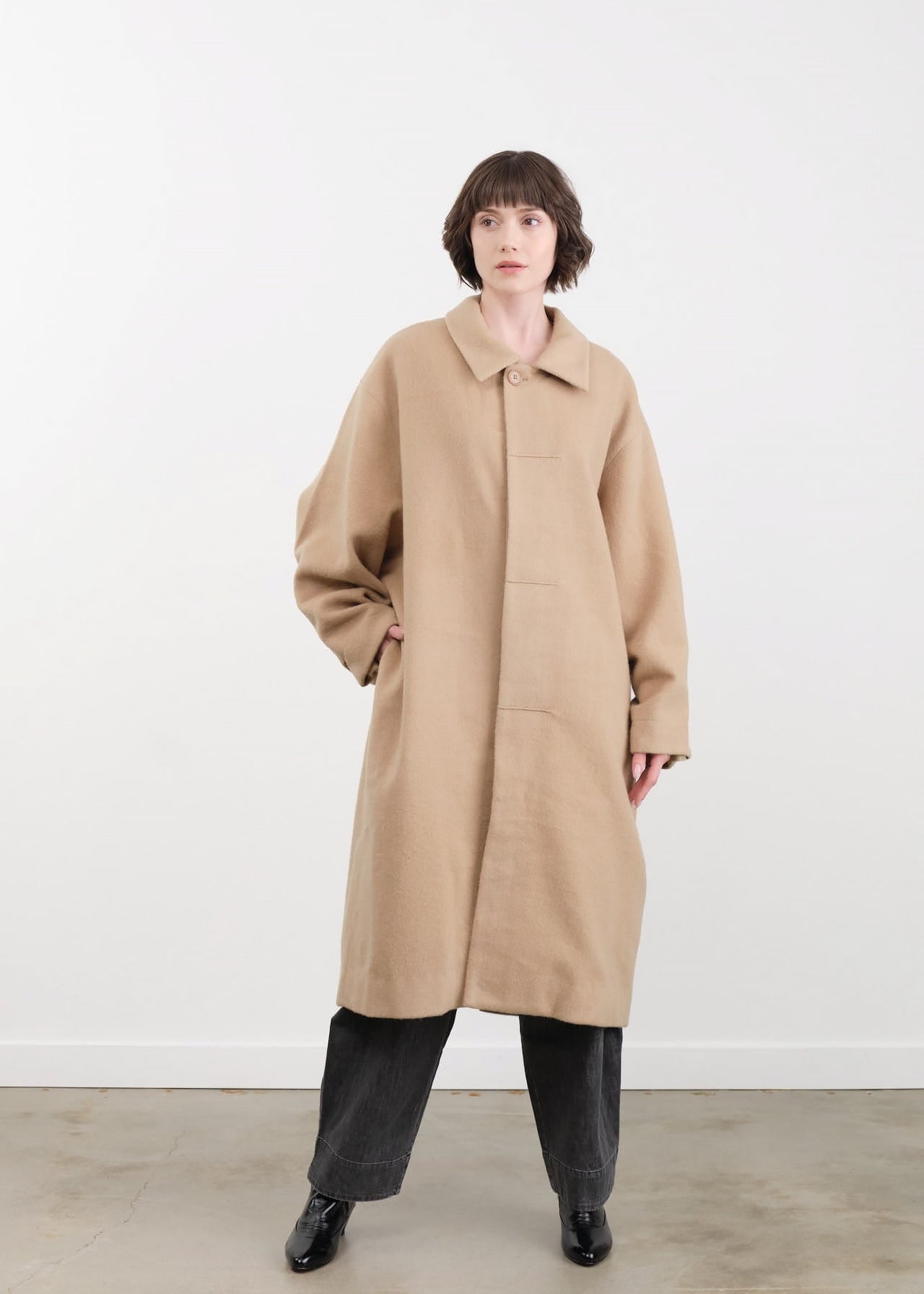 7115 by Szeki Apparel Womens Outerwear Cuffed Wool Coat in Desert Sand
