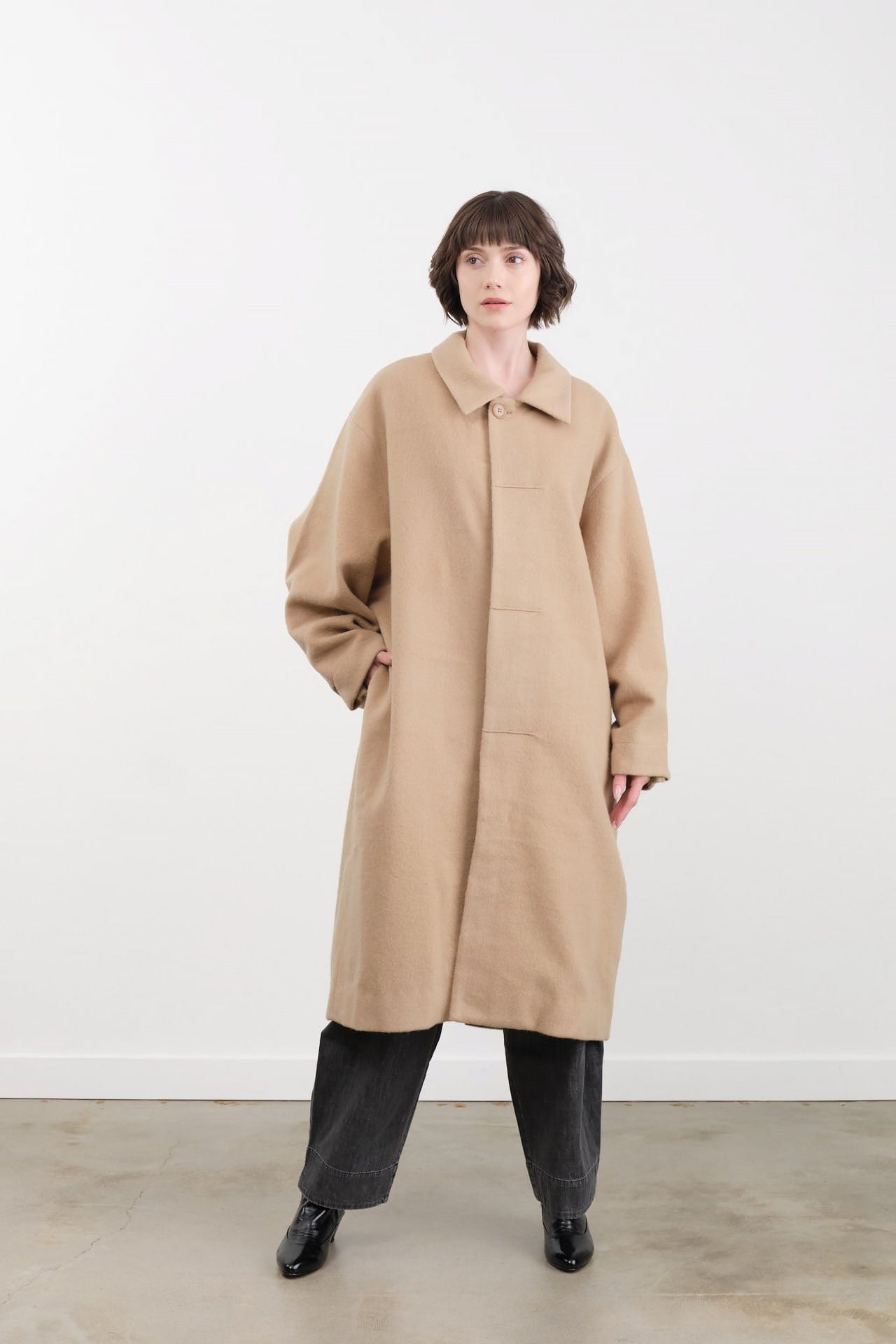 7115 by Szeki Apparel Womens Outerwear Cuffed Wool Coat in Desert Sand