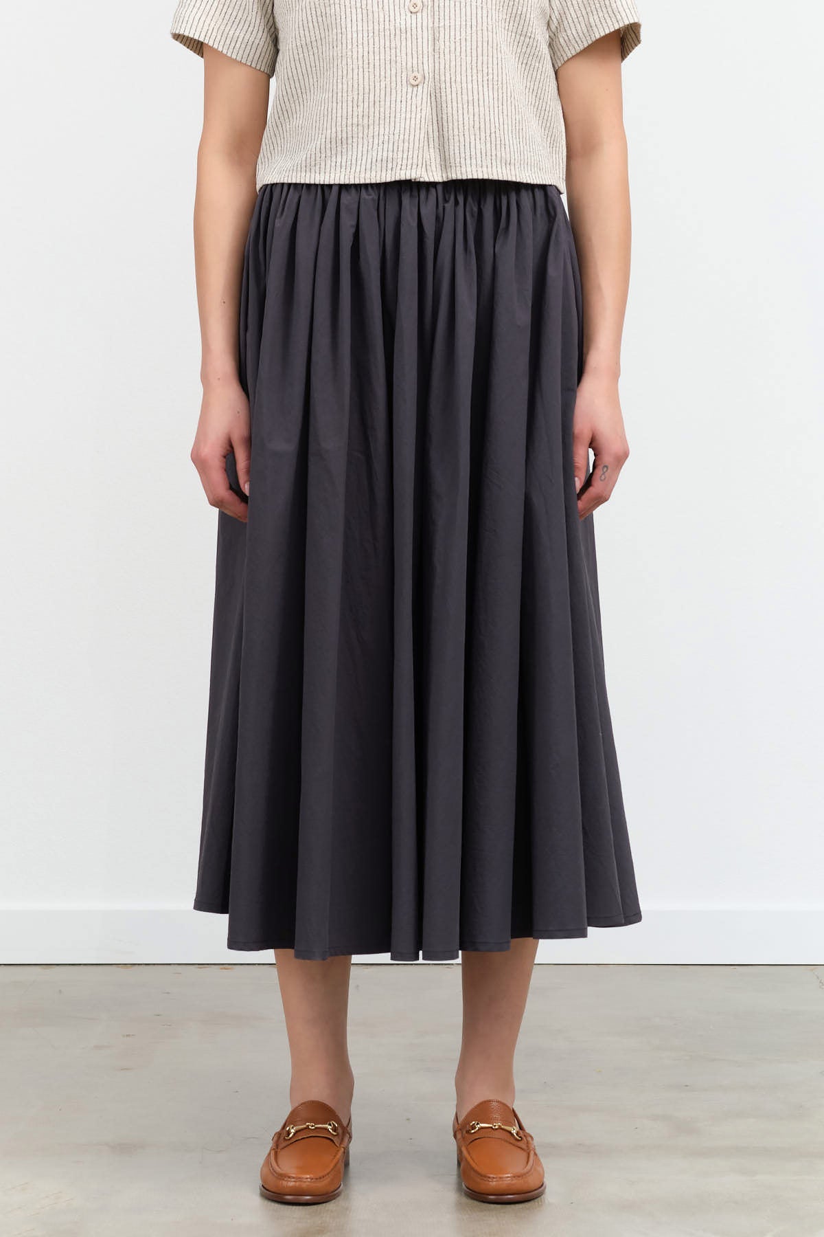 Front view of Papery Elastic Prairie Skirt in Navy Black