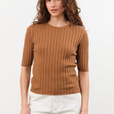7115 by Szeki Apparel Womens Blouses Ribbed Short Sleeves Top in Rust