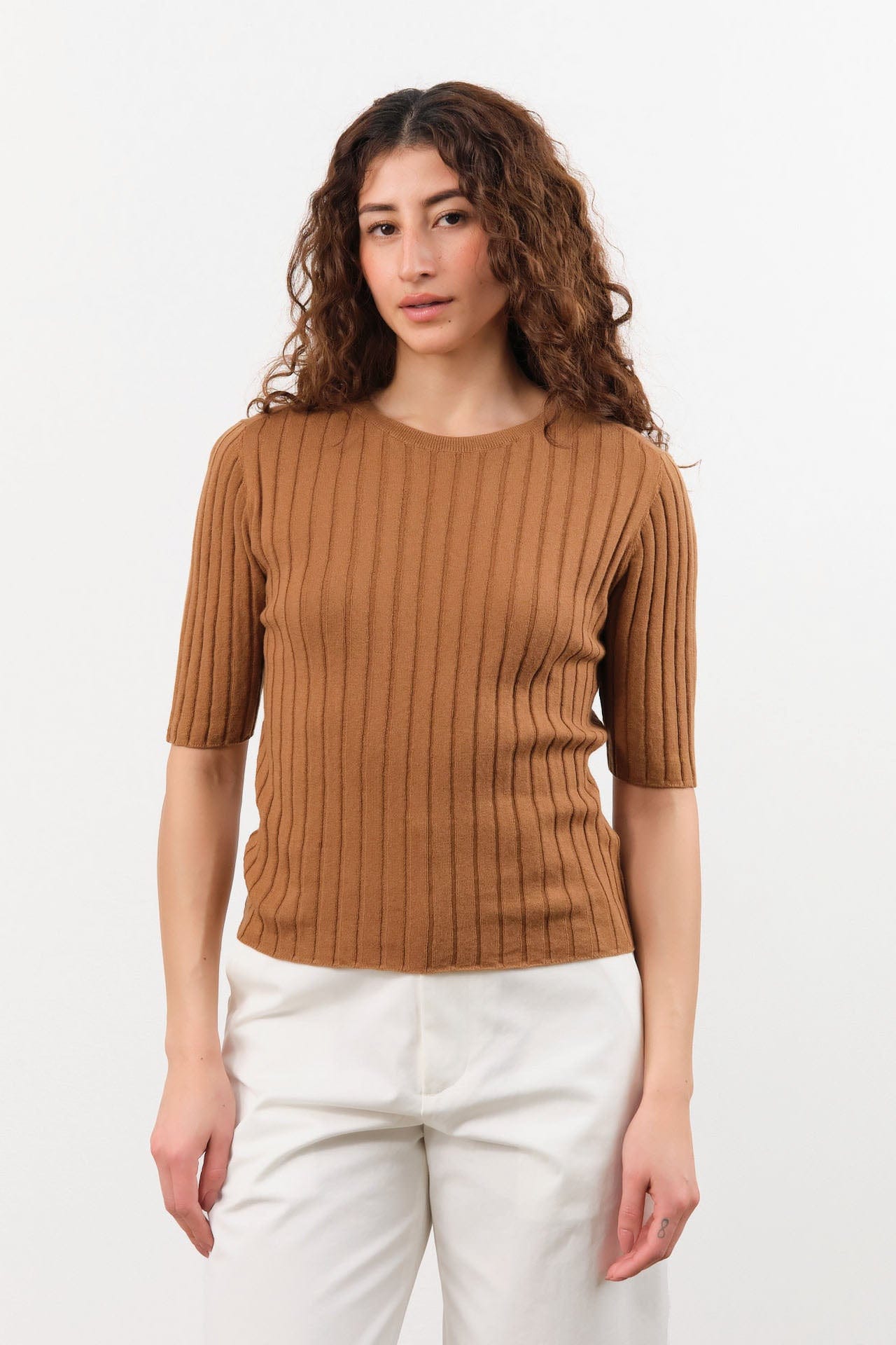 7115 by Szeki Apparel Womens Blouses Ribbed Short Sleeves Top in Rust
