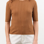 7115 by Szeki Apparel Womens Blouses Ribbed Short Sleeves Top in Rust