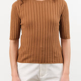 7115 by Szeki Apparel Womens Blouses Ribbed Short Sleeves Top in Rust