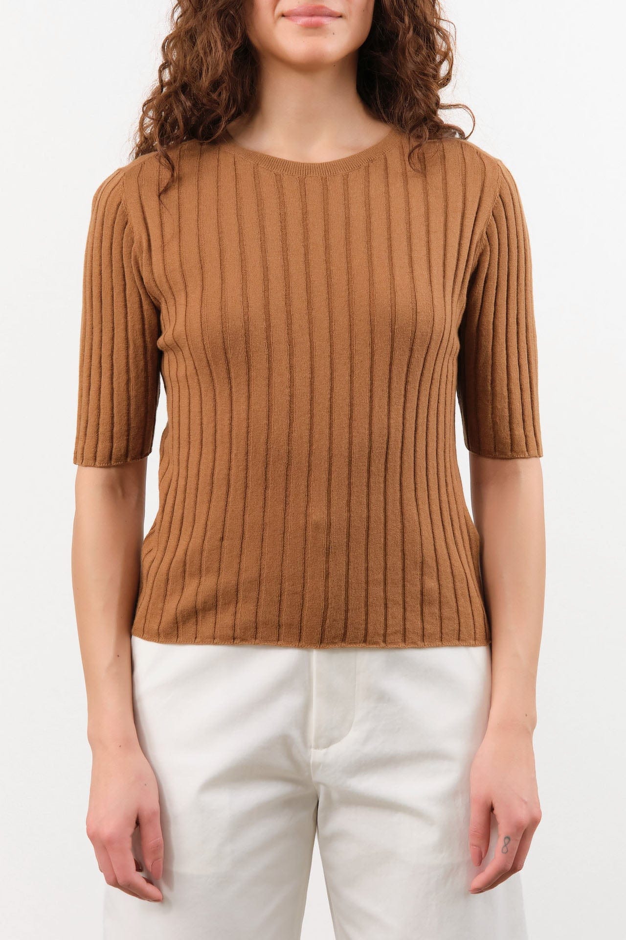 7115 by Szeki Apparel Womens Blouses Ribbed Short Sleeves Top in Rust