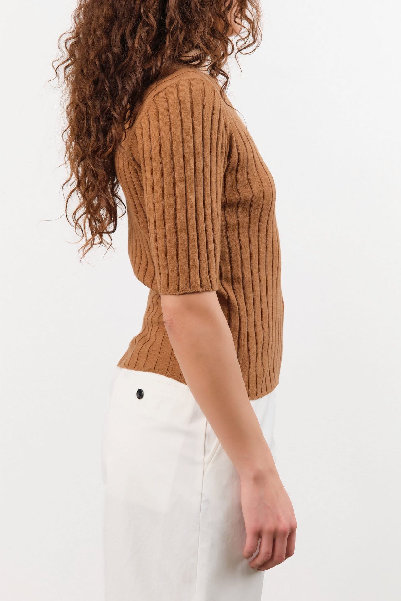 7115 by Szeki Apparel Womens Blouses Ribbed Short Sleeves Top in Rust