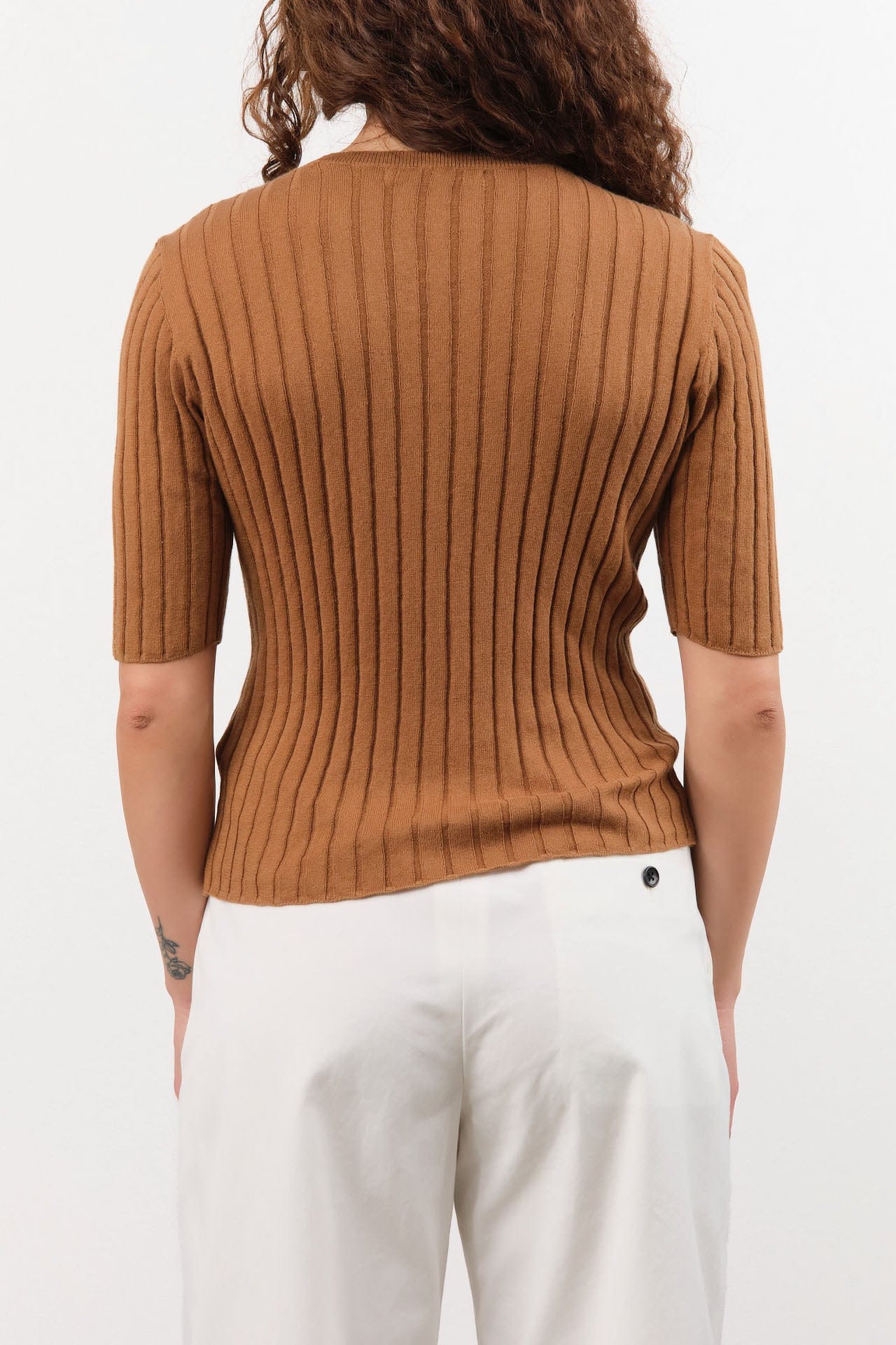 7115 by Szeki Apparel Womens Blouses Ribbed Short Sleeves Top in Rust