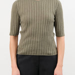7115 by Szeki Apparel Womens Blouses Ribbed Short Sleeves Top in Sage Gray