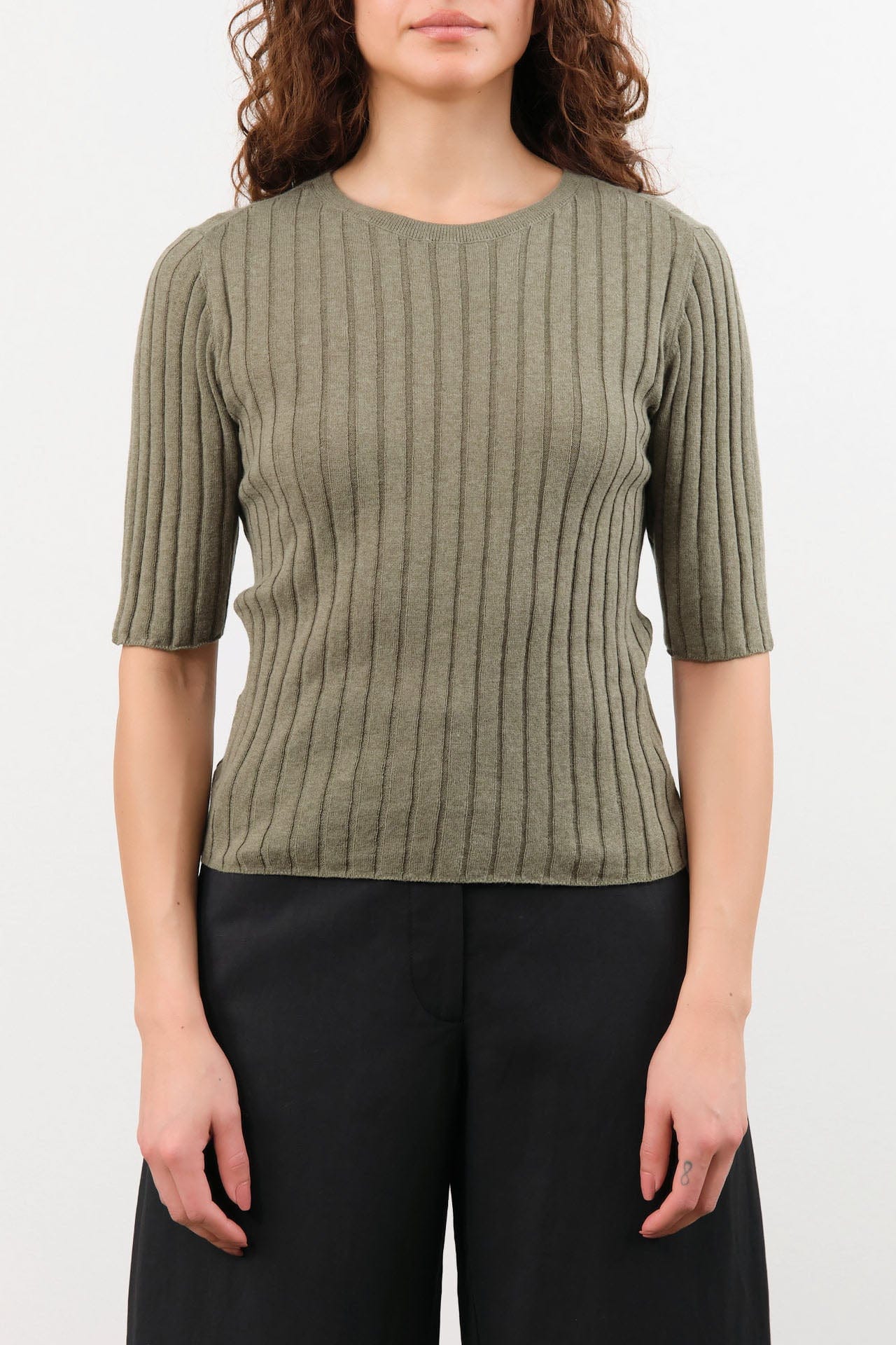 7115 by Szeki Apparel Womens Blouses Ribbed Short Sleeves Top in Sage Gray