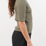 7115 by Szeki Apparel Womens Blouses Ribbed Short Sleeves Top in Sage Gray