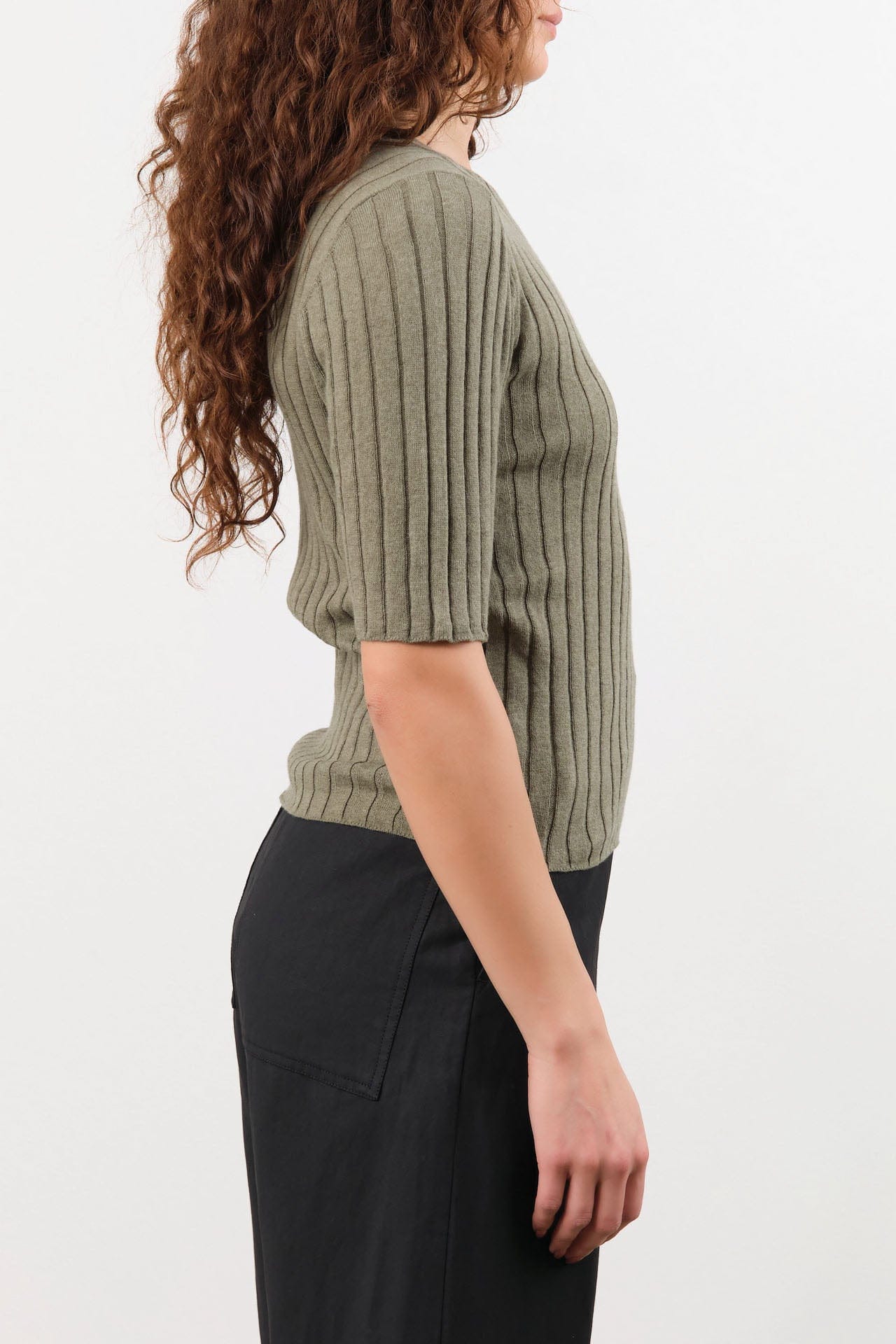 7115 by Szeki Apparel Womens Blouses Ribbed Short Sleeves Top in Sage Gray