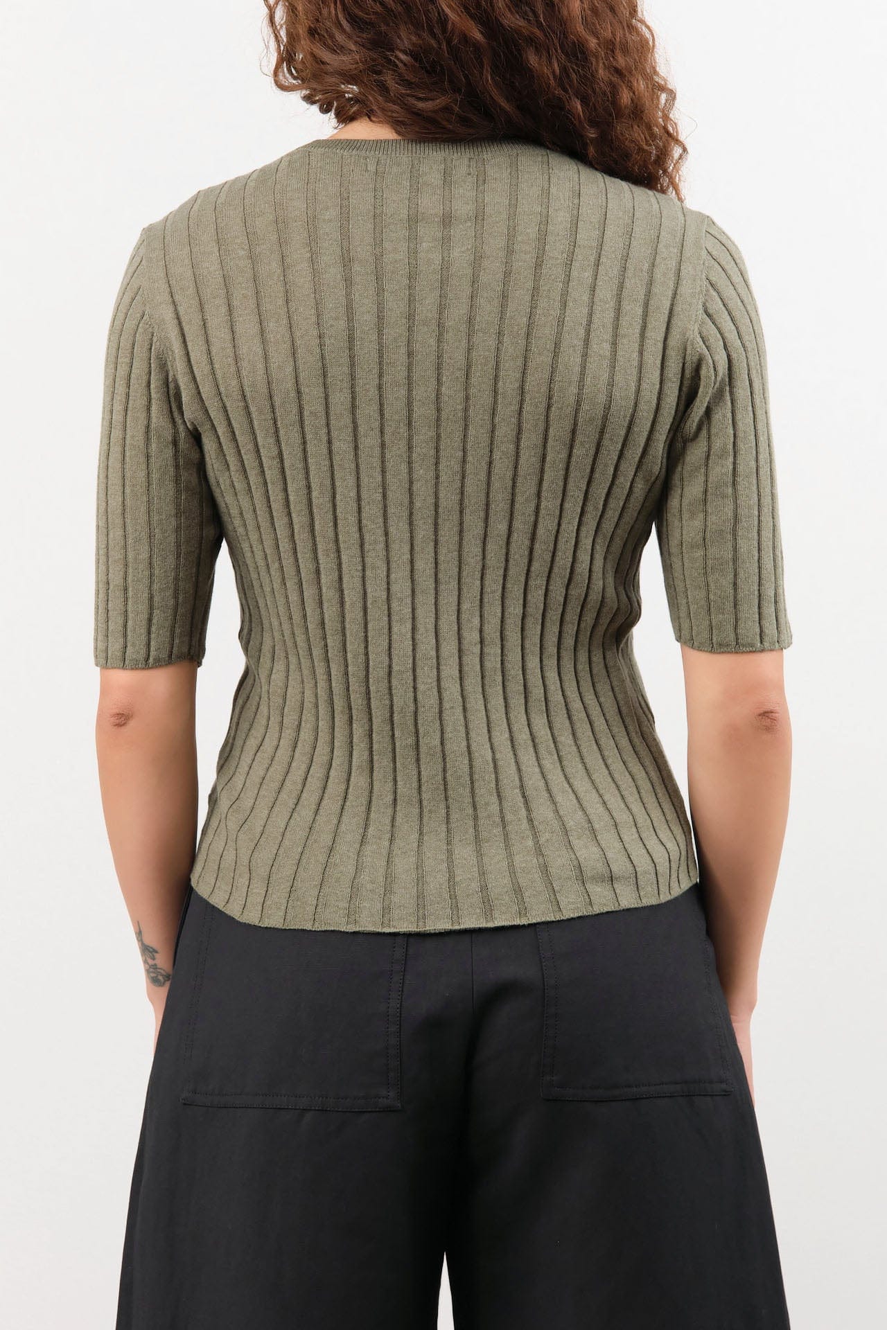 7115 by Szeki Apparel Womens Blouses Ribbed Short Sleeves Top in Sage Gray
