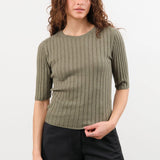 7115 by Szeki Apparel Womens Blouses Ribbed Short Sleeves Top in Sage Gray