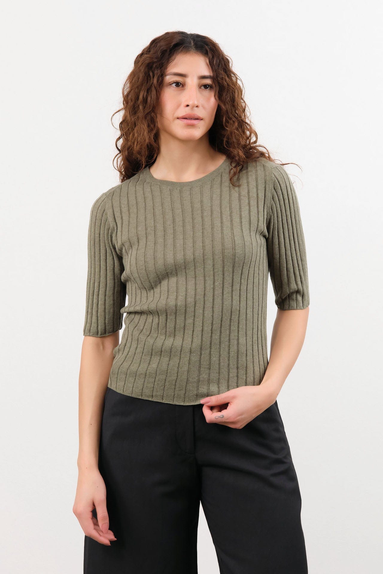 7115 by Szeki Apparel Womens Blouses Ribbed Short Sleeves Top in Sage Gray