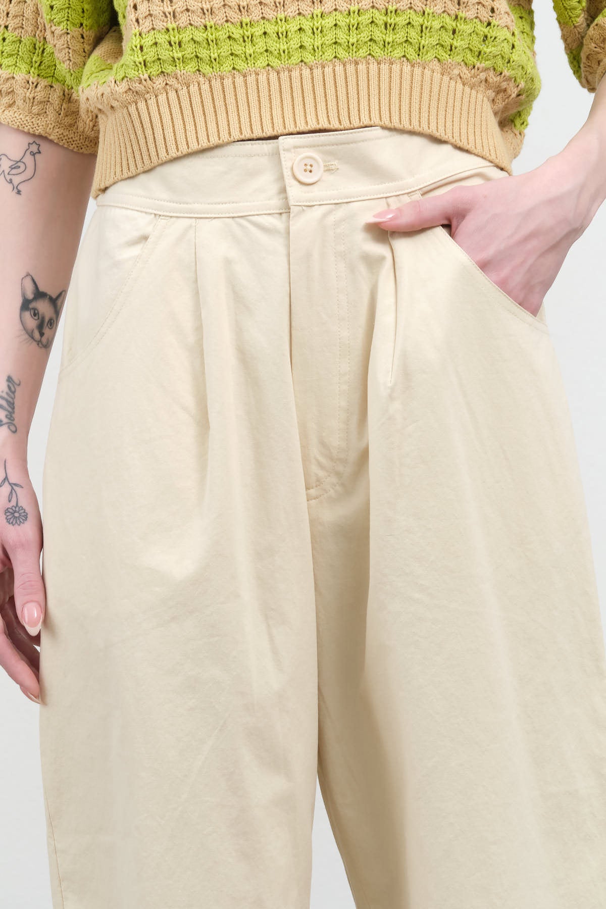 Waist view of Signature Curve Legged Trouser in Off White