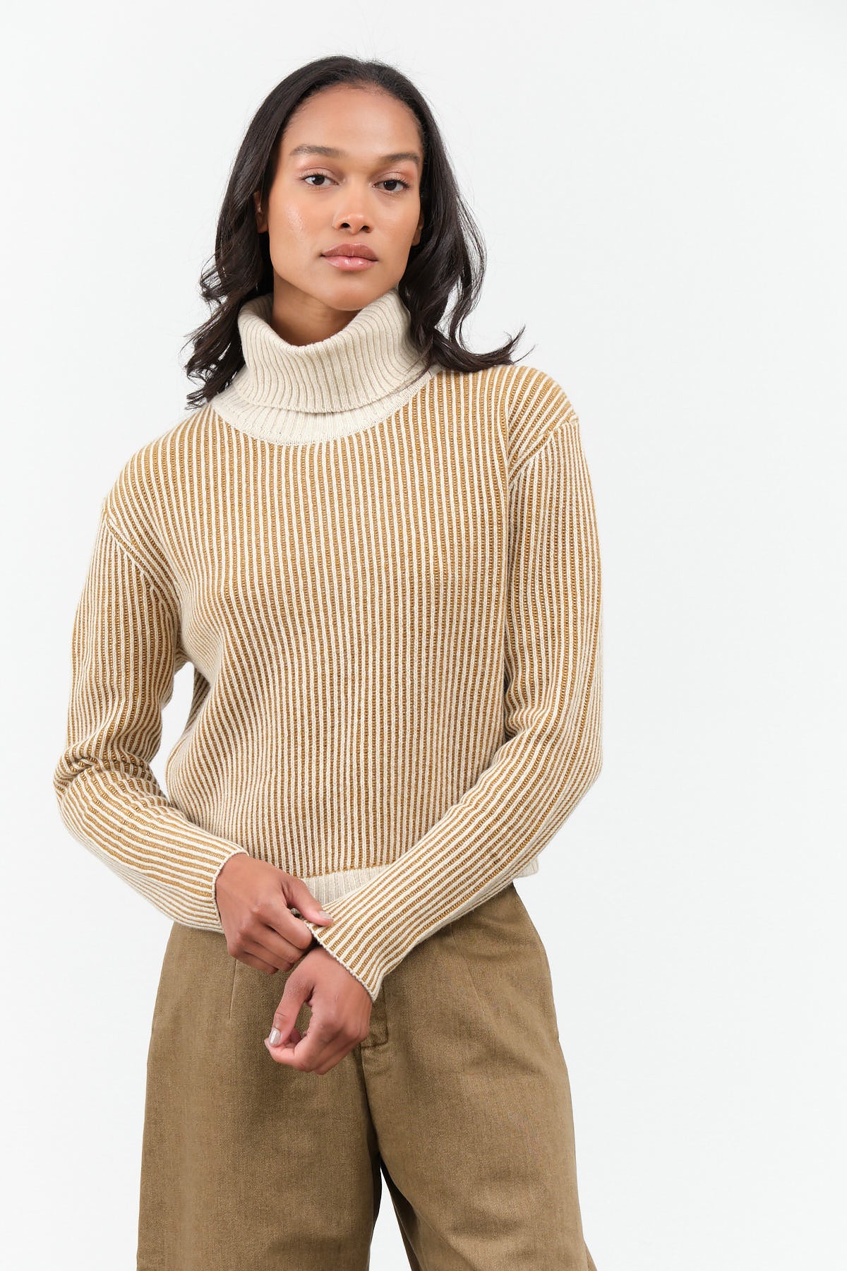 7115 by Szeki Striped Cropped Turtleneck in Mustard Stripes