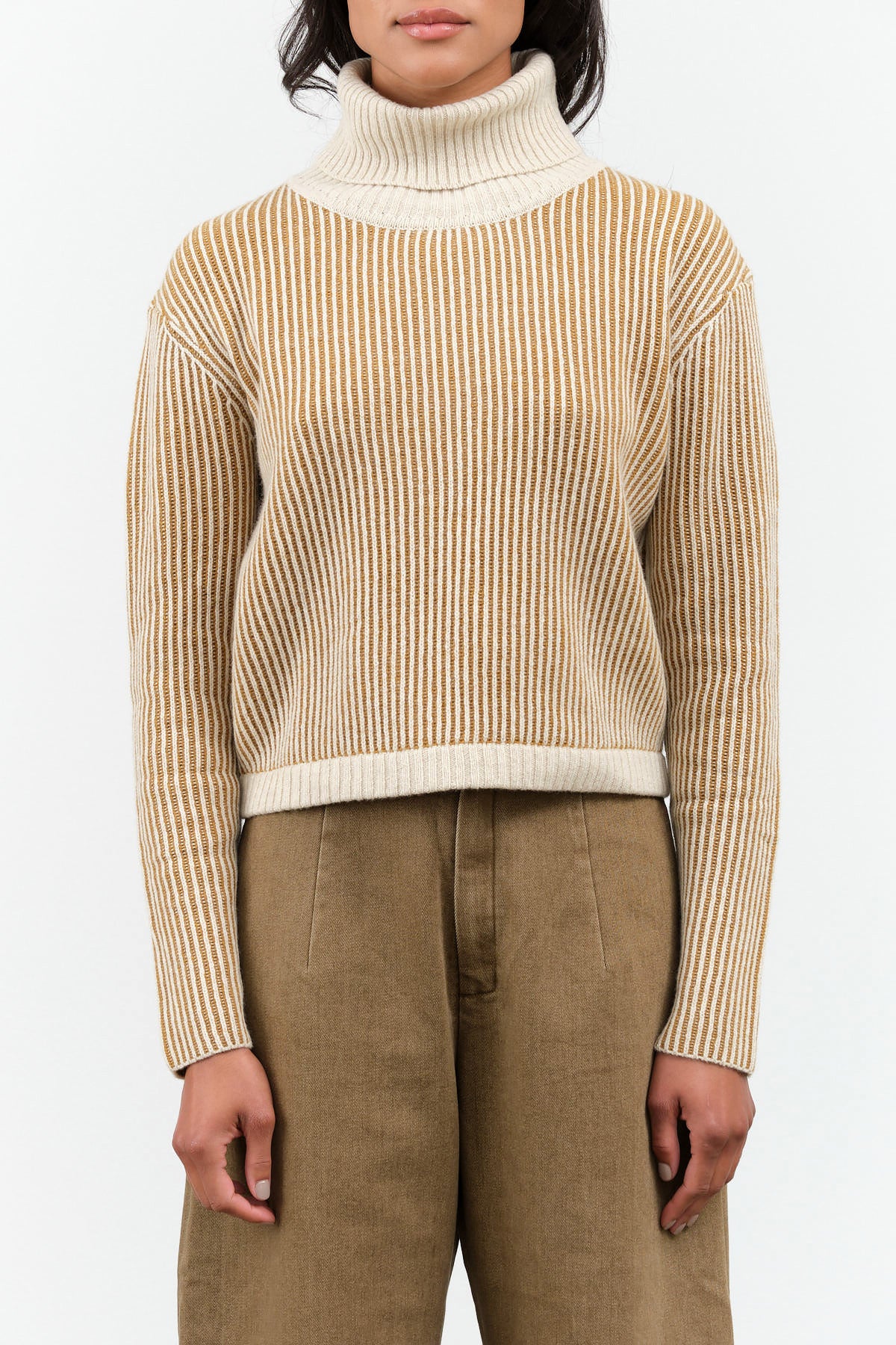 Striped Cropped Turtleneck 7115 by Szeki in Mustard Stripes