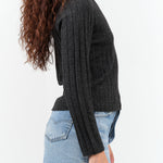 7115 by Szeki Yak Ribbed Long Sleeve Wool Fitted Top in Charcoal Black